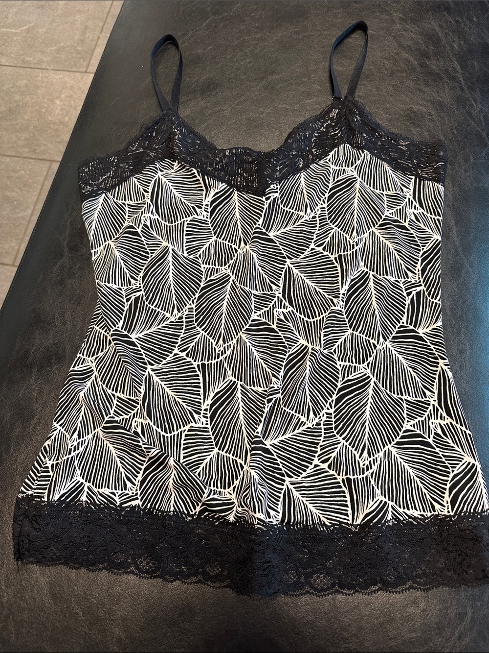 White House Black Market Black & White Lace-Trim Leaf Print Camisole